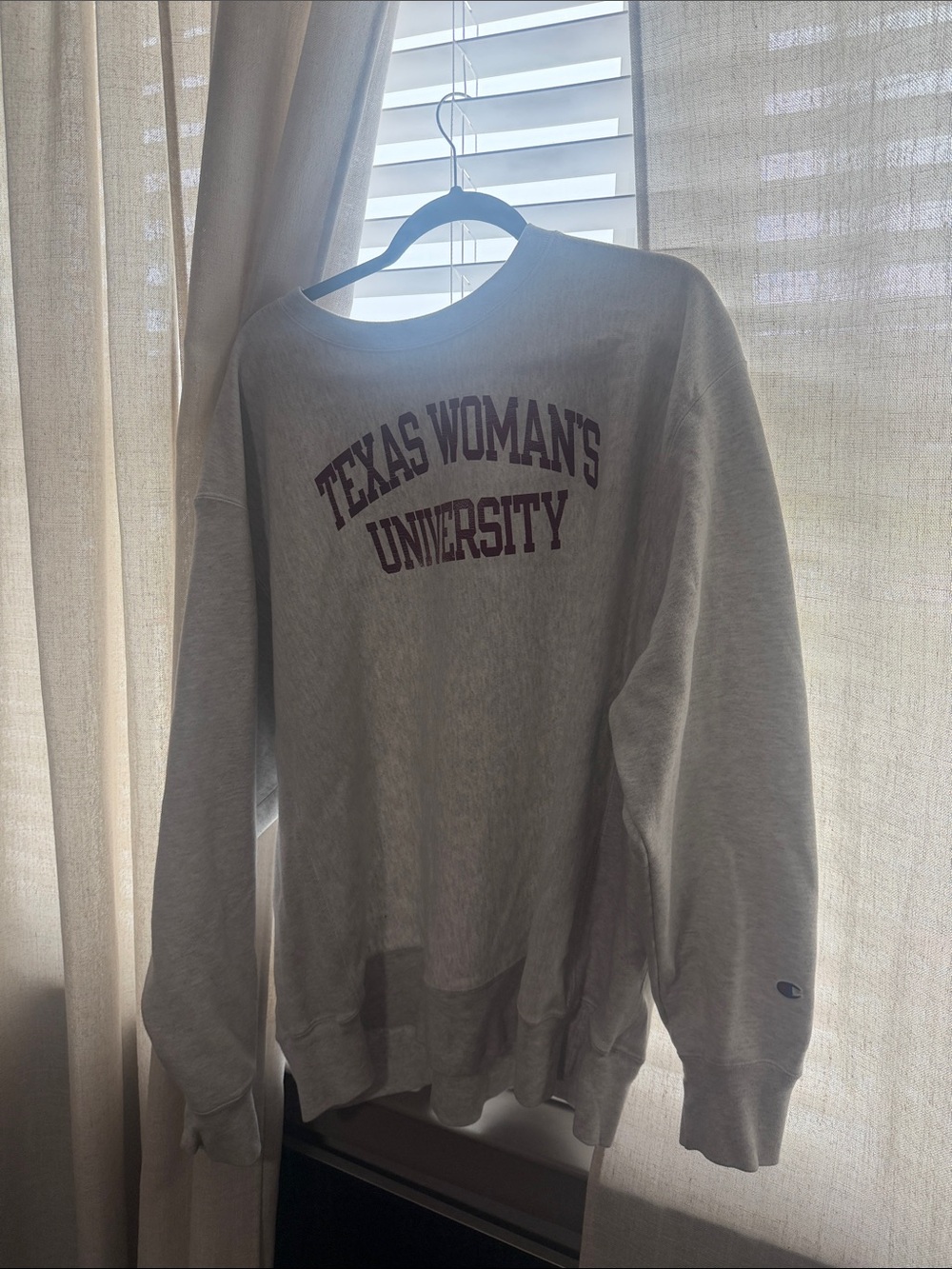 Champion Gray Sweatshirt with Maroon Texas Woman's University Print